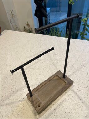 Wood and Black Metal Jewelry Organizer Stand - Brown